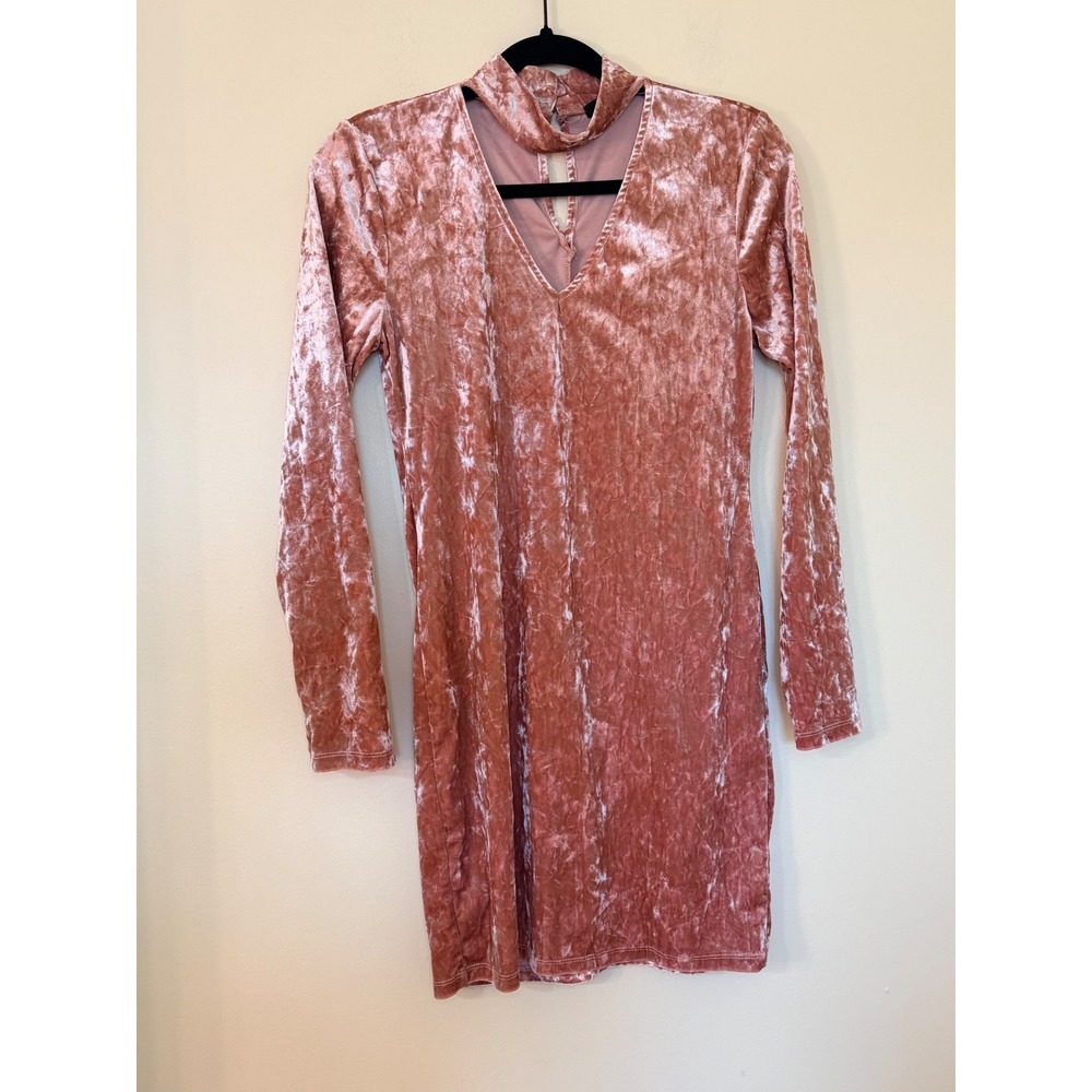 Ambiance Pink Crushed Velvet Mock Neck V-Cutout Long Sleeve Bodycon Dress Large